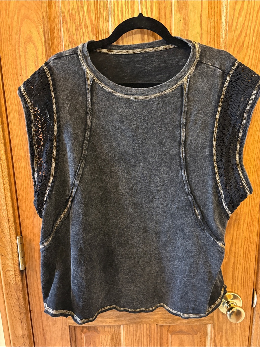 SHEIN Washed Charcoal Crochet-Sleeve Tank